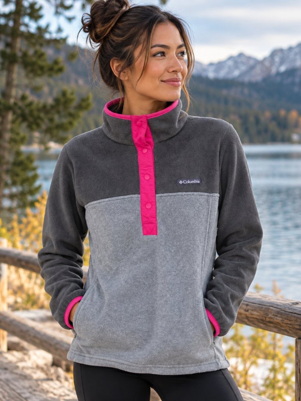 Columbia Benton Springs Fleece Pullover Gray Pink Snap Neck Womens Small